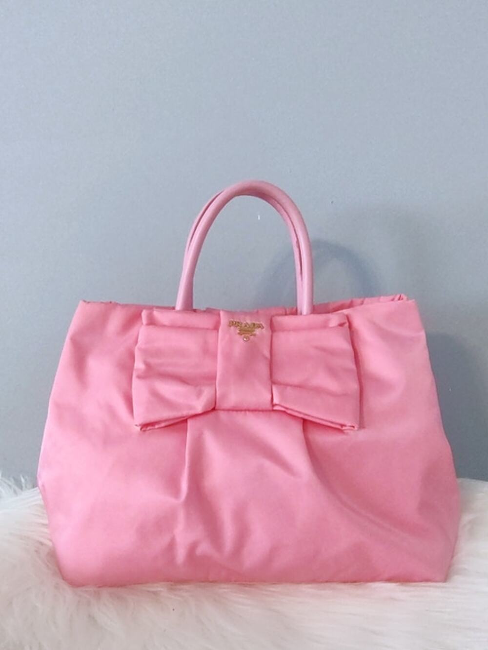 Prada Tessuto Fiocco bow tote bag pink nylon leather handles EUC w/COA
